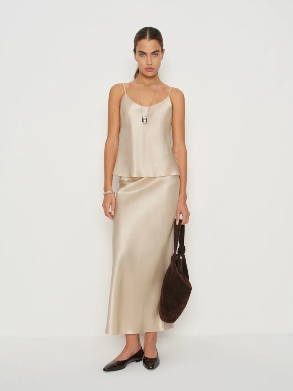 Reformation 100% Silk Champagne Midi Skirt set